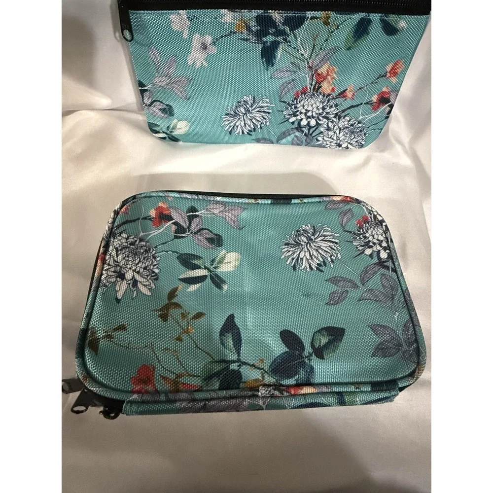 B&C Hanging Travel Organizer Bags Set Turquoise Flowers Multi-pockets